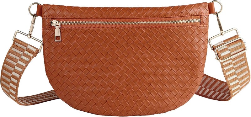 Dealkion Woven Crossbody Bags for Women Leather Belt Bum Sling Purse Fanny Waist Pack Chest Shoulder Bag for Women-Brown - Image 1